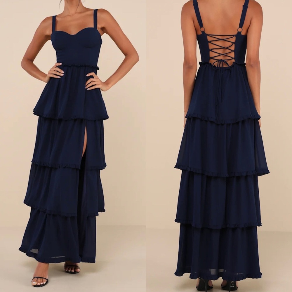 NWOT Lulus SZ Large Sophisticated Occasion Navy Blue Bustier Lace-Up Maxi Dress